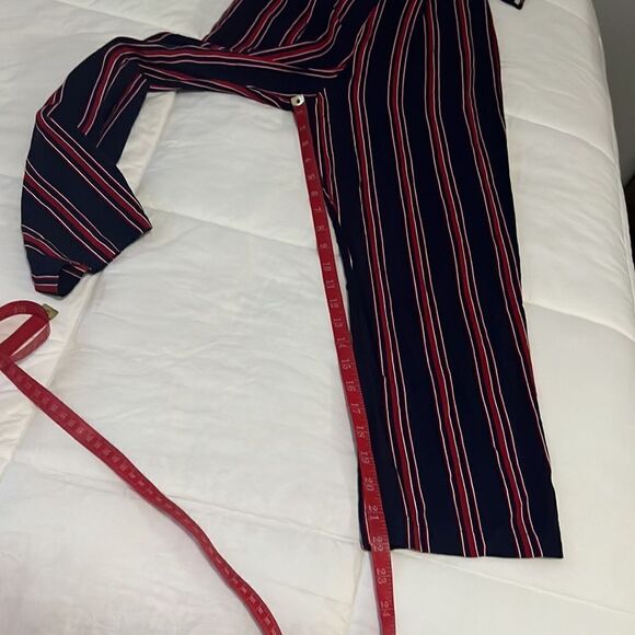 ASOS Pantsuit Sz 0 V Neck Collar Short Sleeve Navy Blue Red Striped Side Belted - Picture 15 of 15